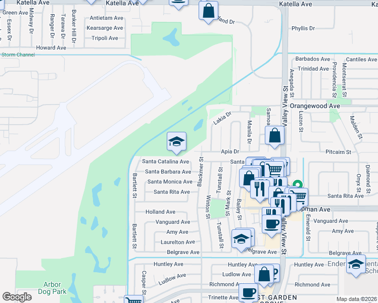 map of restaurants, bars, coffee shops, grocery stores, and more near 5541 Santa Catalina Avenue in Garden Grove