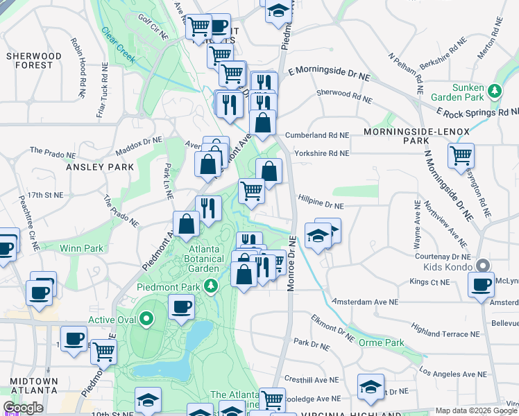 map of restaurants, bars, coffee shops, grocery stores, and more near 555 Dutch Valley Road Northeast in Atlanta
