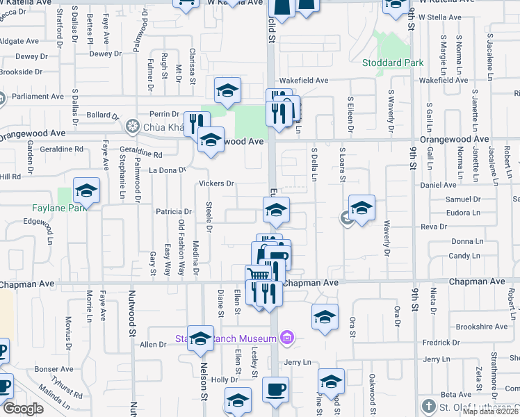 map of restaurants, bars, coffee shops, grocery stores, and more near 10961 Patricia Drive in Garden Grove