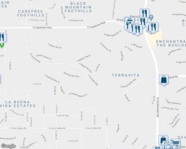 map of restaurants, bars, coffee shops, grocery stores, and more near 33850 North 67th Street in Scottsdale
