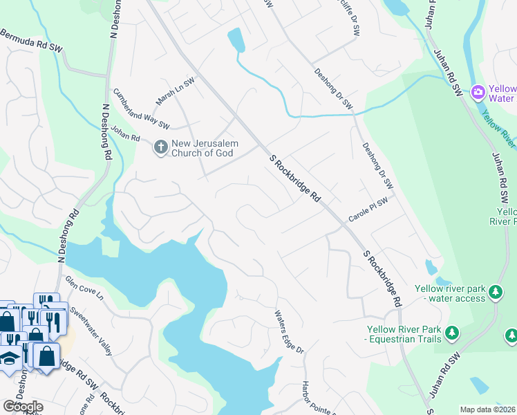 map of restaurants, bars, coffee shops, grocery stores, and more near 5215 Rock Place Drive Southwest in Stone Mountain