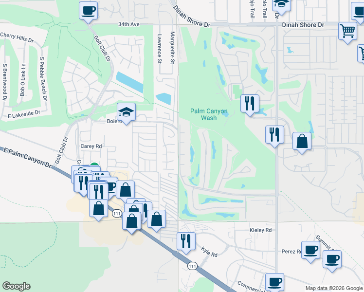 map of restaurants, bars, coffee shops, grocery stores, and more near 6733 Harwood Circle in Palm Springs