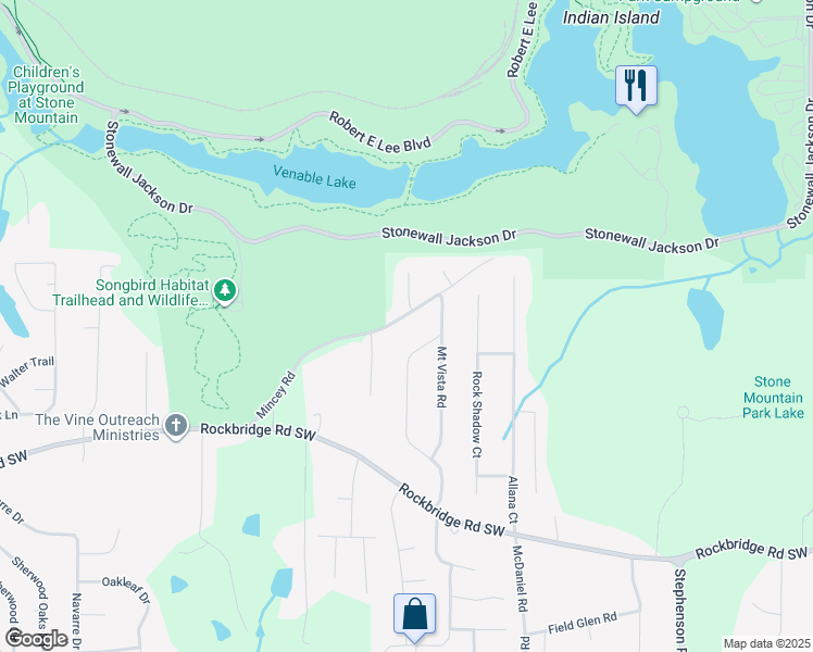 map of restaurants, bars, coffee shops, grocery stores, and more near 6101 Mincey Road in Stone Mountain