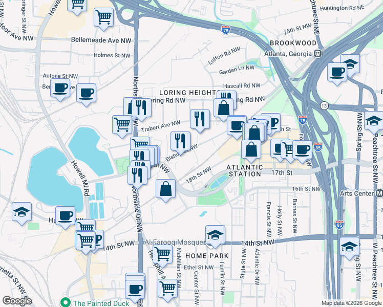 map of restaurants, bars, coffee shops, grocery stores, and more near in Atlanta
