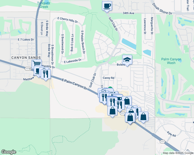 map of restaurants, bars, coffee shops, grocery stores, and more near 2700 Golf Club Drive in Palm Springs