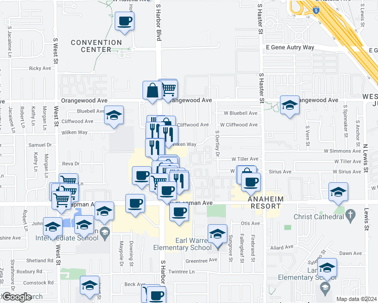 map of restaurants, bars, coffee shops, grocery stores, and more near 537 West Summerfield Circle in Anaheim