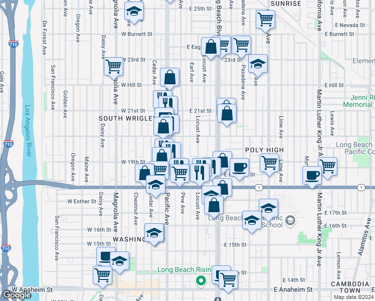 map of restaurants, bars, coffee shops, grocery stores, and more near 1934 Pine Avenue in Long Beach