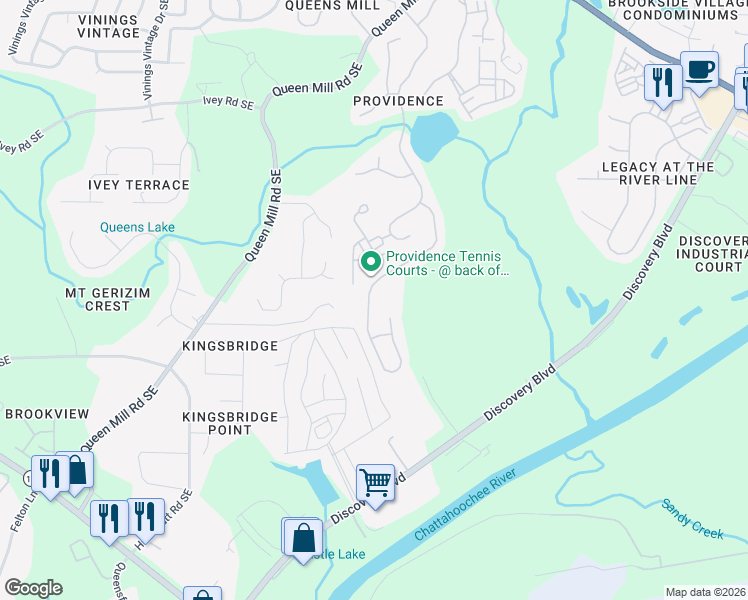 map of restaurants, bars, coffee shops, grocery stores, and more near 1049 Regal Hills Lane in Mableton