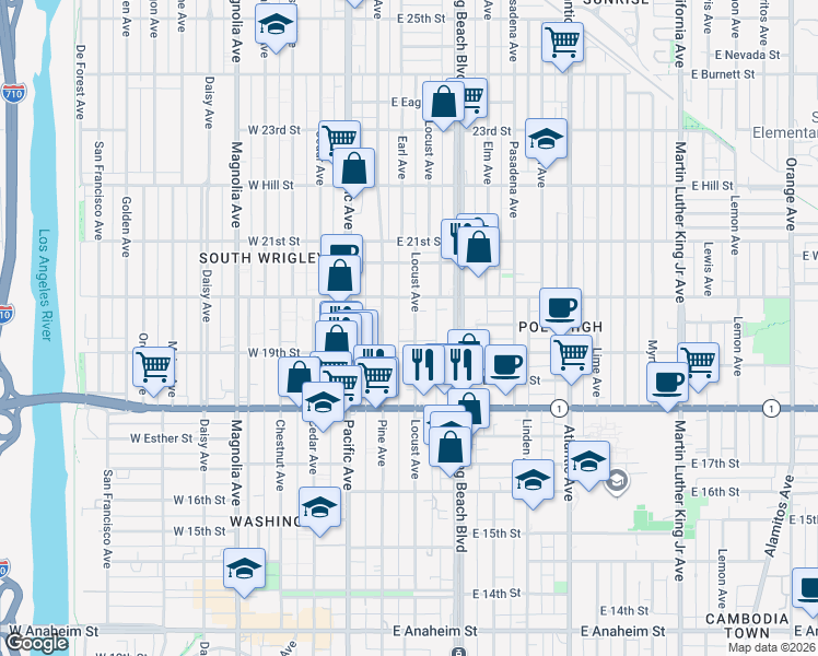 map of restaurants, bars, coffee shops, grocery stores, and more near 1935 Locust Avenue in Long Beach