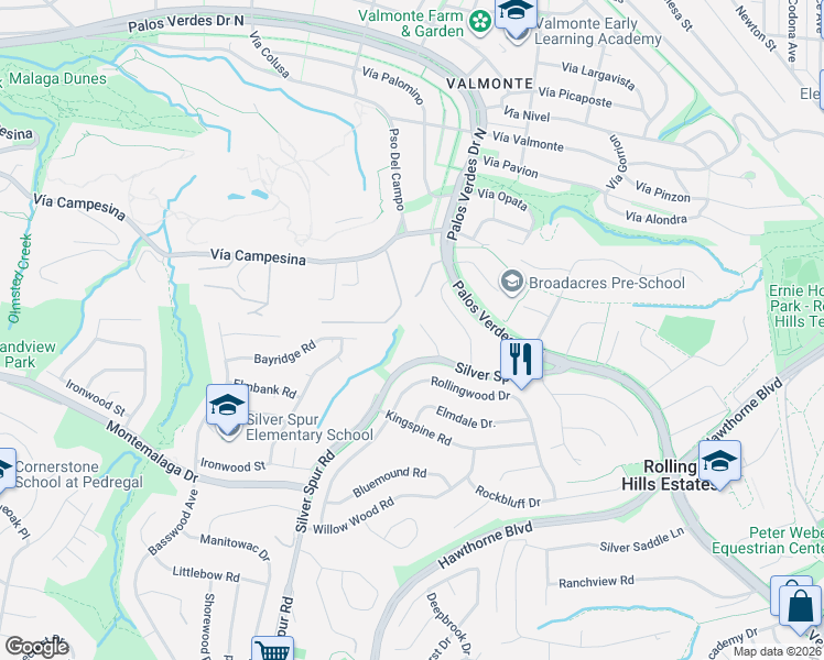 map of restaurants, bars, coffee shops, grocery stores, and more near 5046 Range Horse Lane in Rolling Hills Estates