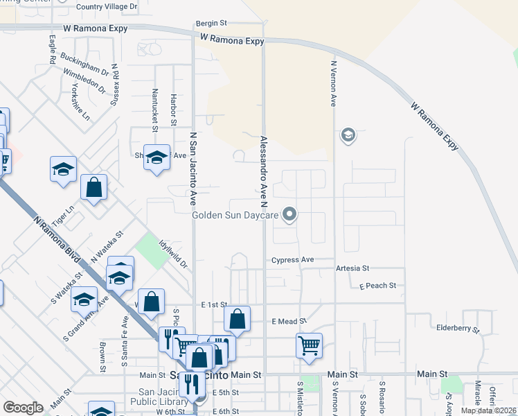map of restaurants, bars, coffee shops, grocery stores, and more near 22641 Alessandro Avenue North in San Jacinto