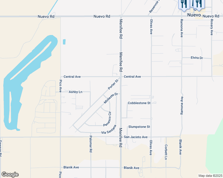 map of restaurants, bars, coffee shops, grocery stores, and more near 22605 Mirileste Drive in Nuevo