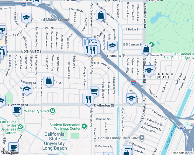 map of restaurants, bars, coffee shops, grocery stores, and more near 6430 East Los Santos Drive in Long Beach