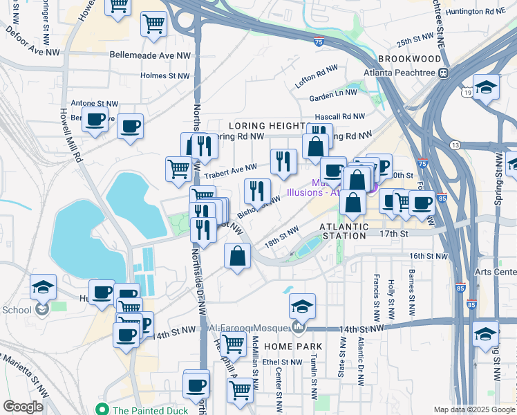 map of restaurants, bars, coffee shops, grocery stores, and more near Bishop Street Northwest in Atlanta