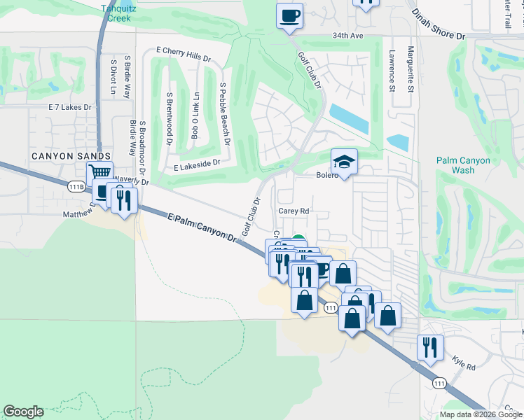 map of restaurants, bars, coffee shops, grocery stores, and more near 2700 Golf Club Drive in Palm Springs