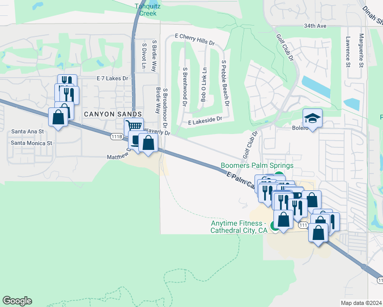 map of restaurants, bars, coffee shops, grocery stores, and more near 5225 East Waverly Drive in Palm Springs