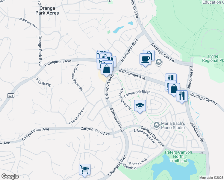 map of restaurants, bars, coffee shops, grocery stores, and more near 7606 East Cedar Creek Way in Orange