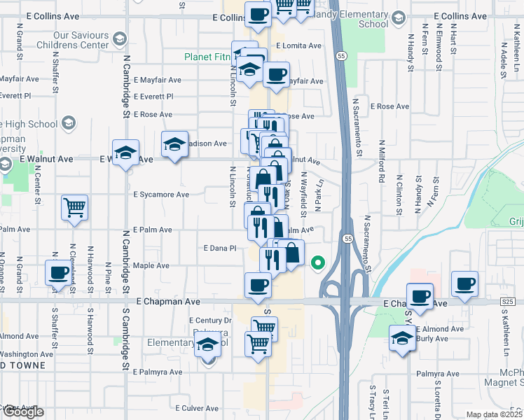 map of restaurants, bars, coffee shops, grocery stores, and more near in Orange