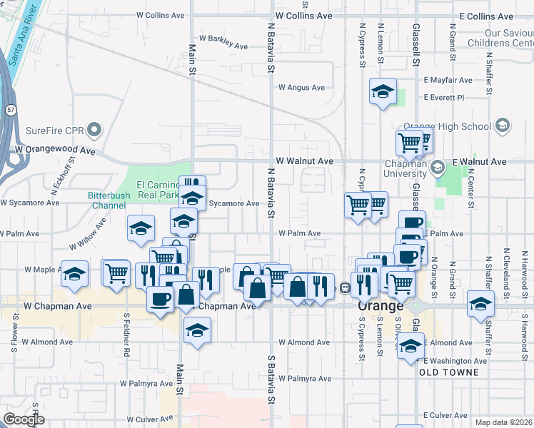 map of restaurants, bars, coffee shops, grocery stores, and more near 325 North Citrus Street in Orange