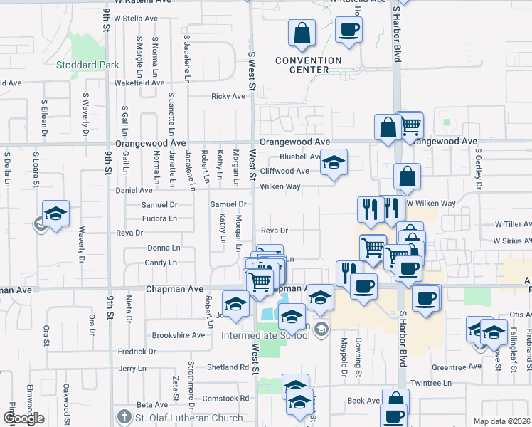 map of restaurants, bars, coffee shops, grocery stores, and more near 11762 Timmy Lane in Garden Grove
