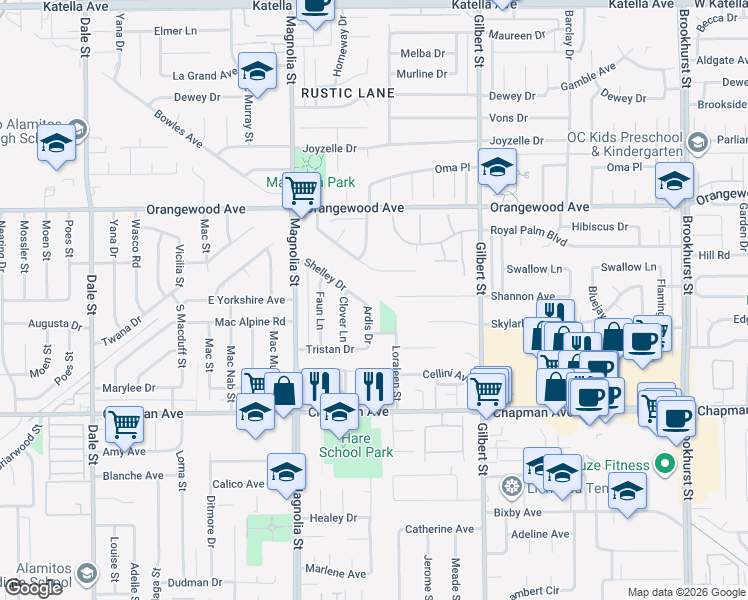 map of restaurants, bars, coffee shops, grocery stores, and more near 11752 Ardis Drive in Garden Grove