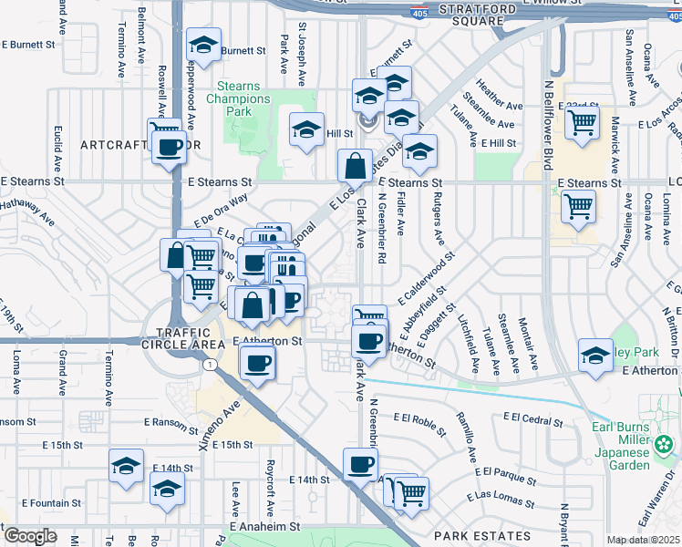 map of restaurants, bars, coffee shops, grocery stores, and more near 8 East Garford Street in Long Beach