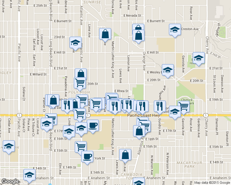 map of restaurants, bars, coffee shops, grocery stores, and more near 1936 Martin Luther King Junior Avenue in Long Beach