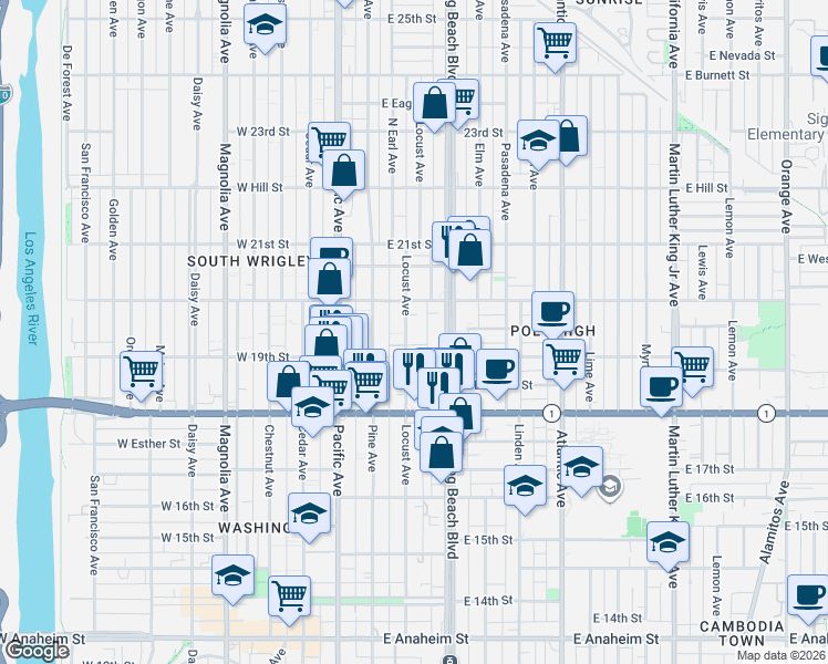 map of restaurants, bars, coffee shops, grocery stores, and more near 1916 Locust Avenue in Long Beach