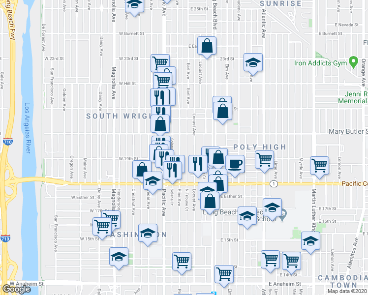 map of restaurants, bars, coffee shops, grocery stores, and more near 1907 Pine Avenue in Long Beach