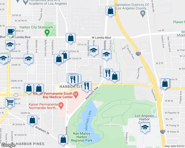 map of restaurants, bars, coffee shops, grocery stores, and more near 25608 Baycrest Court in Los Angeles
