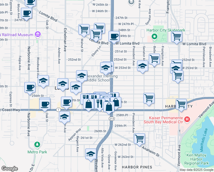 map of restaurants, bars, coffee shops, grocery stores, and more near 25511 South Western Avenue in Lomita