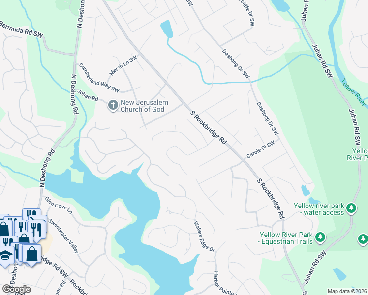 map of restaurants, bars, coffee shops, grocery stores, and more near 5215 Rock Place Drive Southwest in Stone Mountain