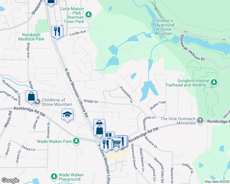 map of restaurants, bars, coffee shops, grocery stores, and more near 5583 Pennybrook Trail in Stone Mountain