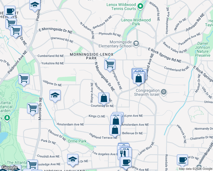 map of restaurants, bars, coffee shops, grocery stores, and more near 1390 North Morningside Drive Northeast in Atlanta
