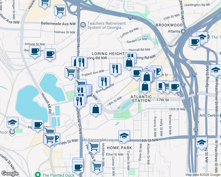 map of restaurants, bars, coffee shops, grocery stores, and more near in Atlanta