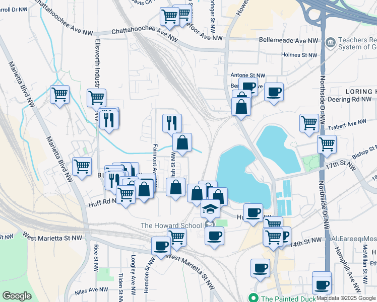 map of restaurants, bars, coffee shops, grocery stores, and more near 1360 Boyd Avenue Northwest in Atlanta
