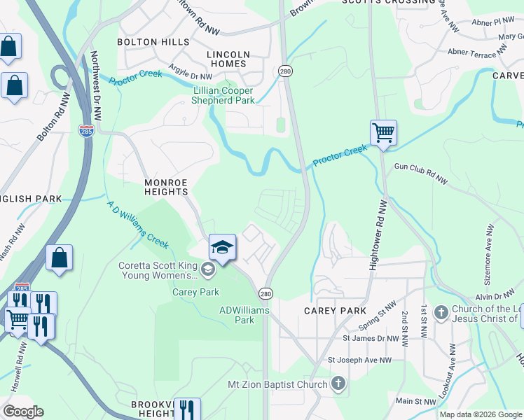 map of restaurants, bars, coffee shops, grocery stores, and more near 1285 Northwest Dr NW in Atlanta