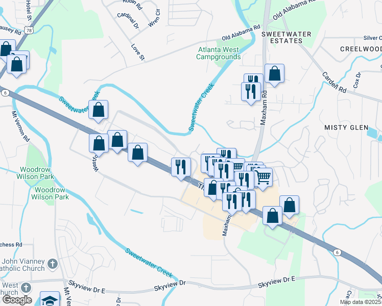 map of restaurants, bars, coffee shops, grocery stores, and more near 500 Thornton Road in Lithia Springs