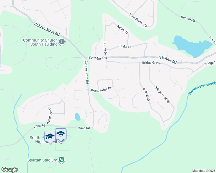 map of restaurants, bars, coffee shops, grocery stores, and more near 177 Brandywine Drive in Douglasville