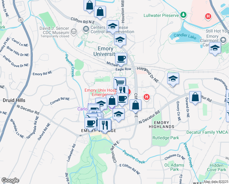 map of restaurants, bars, coffee shops, grocery stores, and more near 201 Dowman Drive in Atlanta