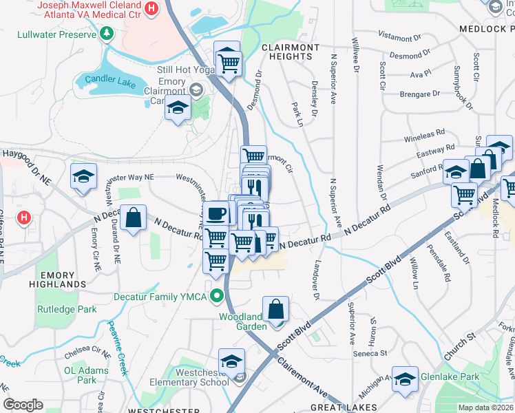 map of restaurants, bars, coffee shops, grocery stores, and more near 539 Webster Drive in Decatur