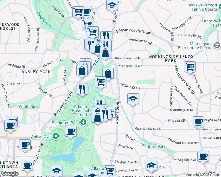 map of restaurants, bars, coffee shops, grocery stores, and more near in Atlanta