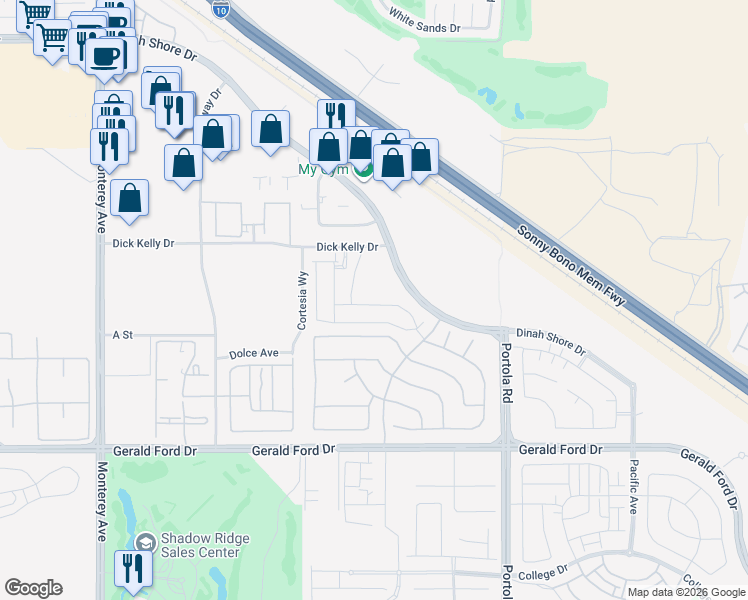 map of restaurants, bars, coffee shops, grocery stores, and more near 35625 Raphael Drive in Palm Desert