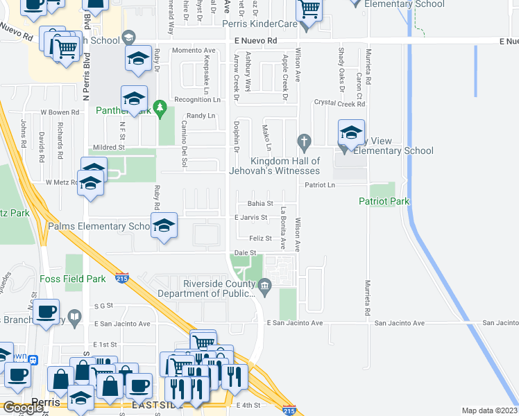 map of restaurants, bars, coffee shops, grocery stores, and more near 417 Bahia Street in Perris