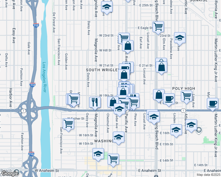 map of restaurants, bars, coffee shops, grocery stores, and more near 1940 Chestnut Avenue in Long Beach