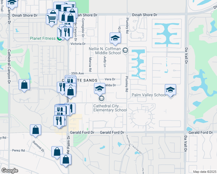 map of restaurants, bars, coffee shops, grocery stores, and more near 69295 Nilda Drive in Cathedral City
