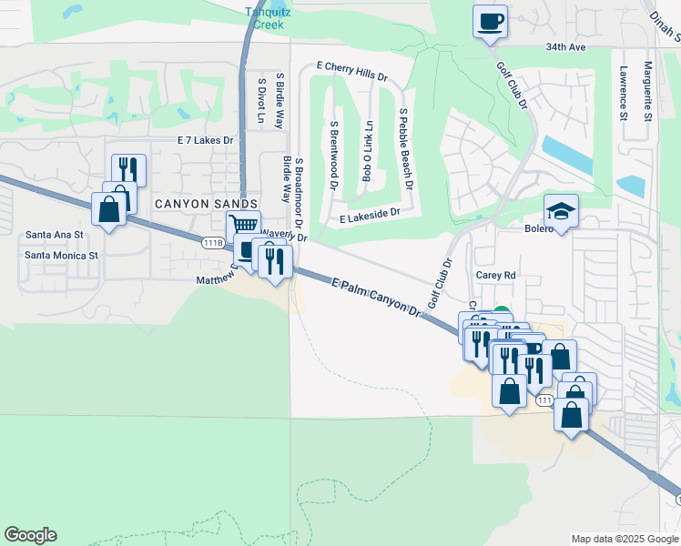 map of restaurants, bars, coffee shops, grocery stores, and more near 5225 East Waverly Drive in Palm Springs