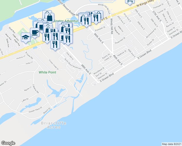 map of restaurants, bars, coffee shops, grocery stores, and more near 4727 Harmony Lane in North Myrtle Beach