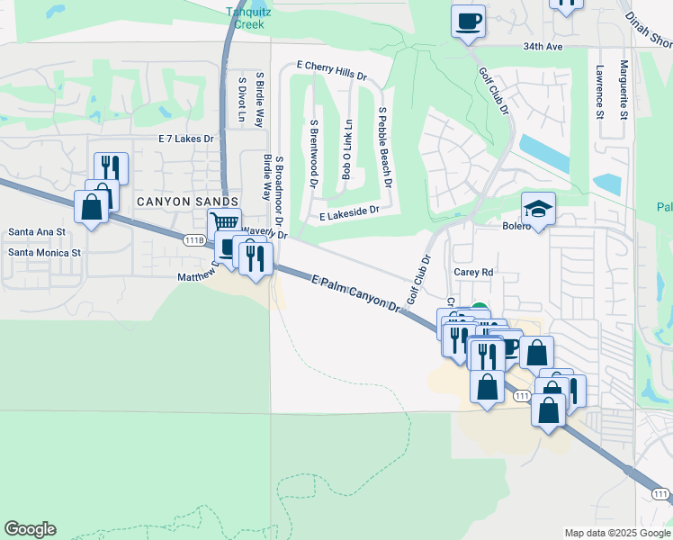 map of restaurants, bars, coffee shops, grocery stores, and more near 5285 East Waverly Drive in Palm Springs
