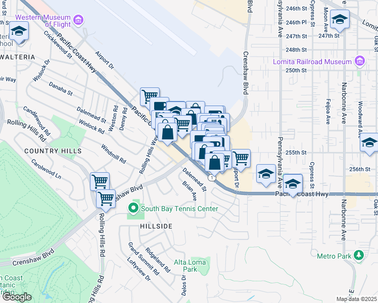 map of restaurants, bars, coffee shops, grocery stores, and more near 2705 Pacific Coast Hwy in Torrance